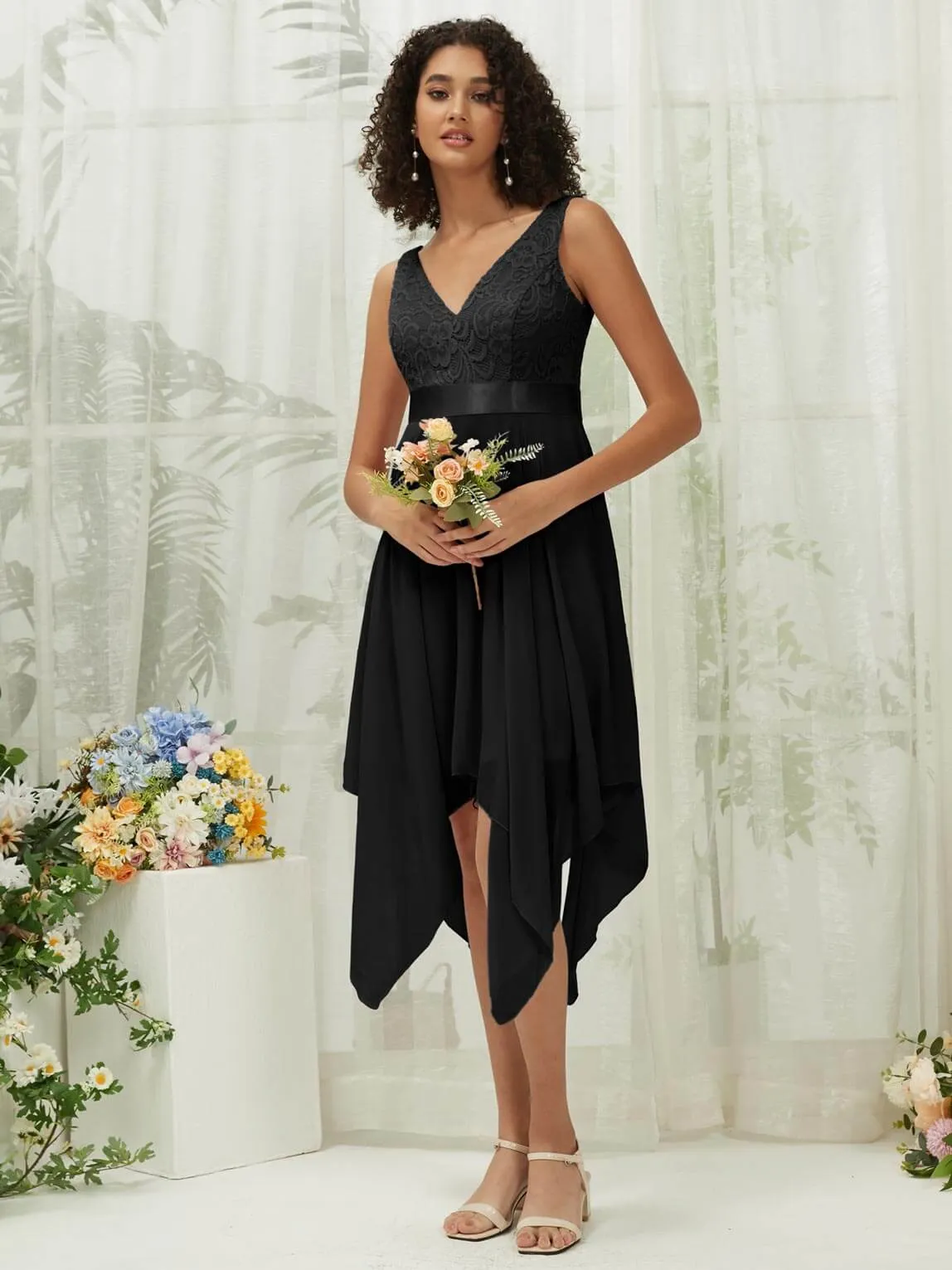 [Final Sale] Black Lace V-Neck Sleeveless Midi Length Chiffon Flowy Bridesmaid Dresses