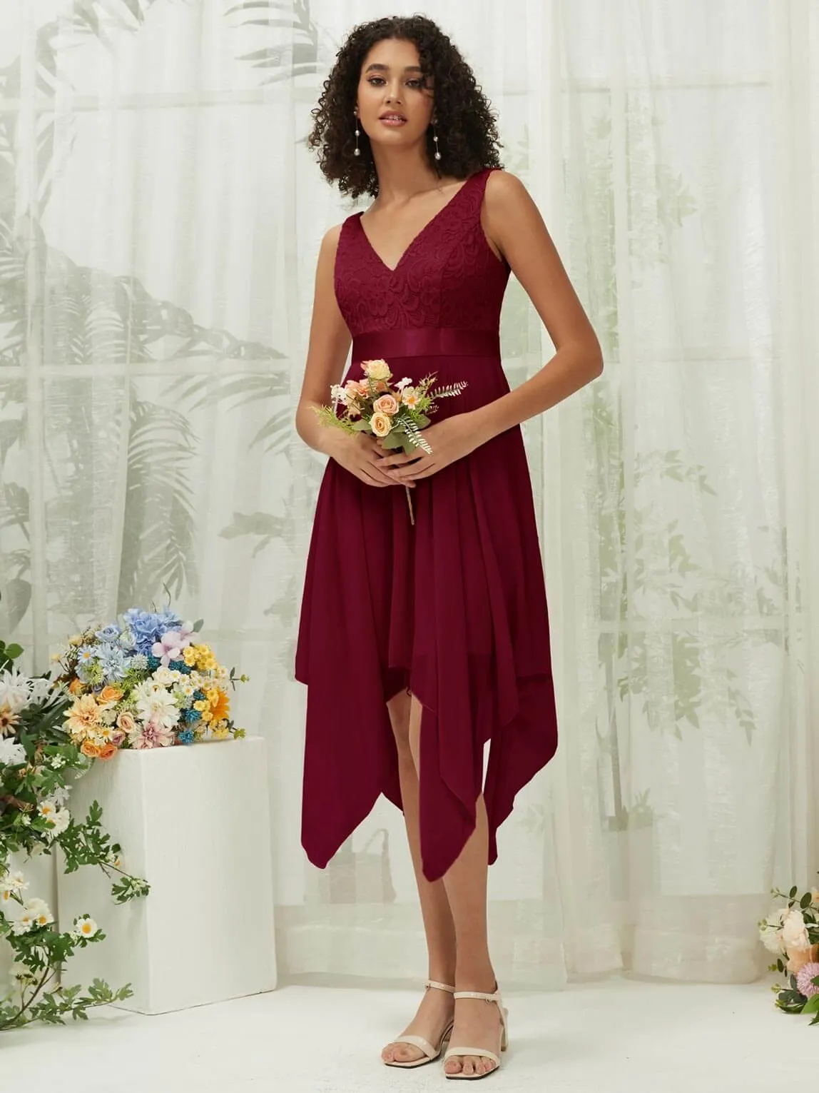 [Final Sale] Burgundy Lace V-Neck Sleeveless Midi Length Chiffon Flowy Bridesmaid Dresses