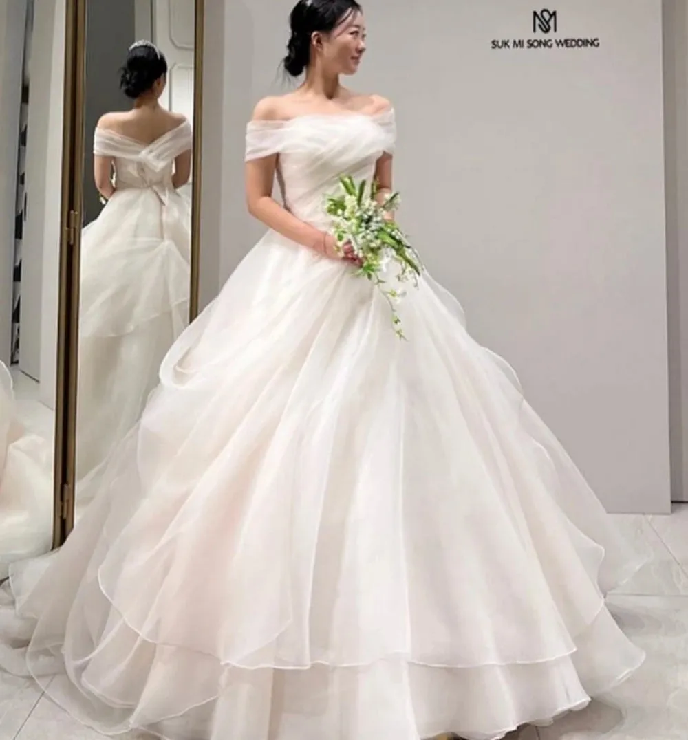 Off Shoulder Organza Custom Made Tiered  Elegant Wedding Dresses