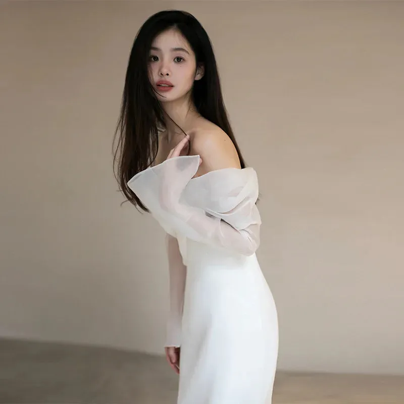 One Shoulder Satin Light Wedding Dress with Simple and Slim Fit Sweet