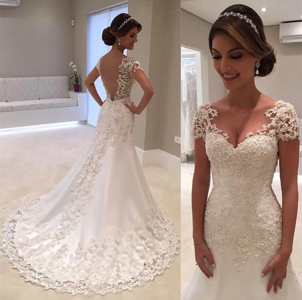 Wedding Dress V-Neck Short Sleeve Wedding Gown Bride Dress